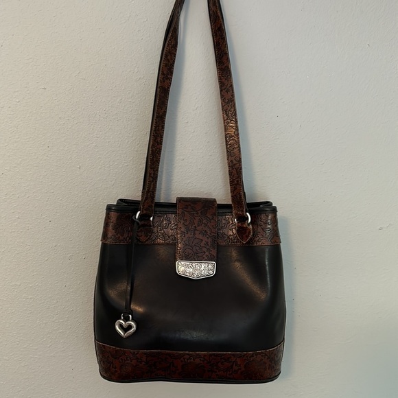 Brighton Handbags - Vintage Brighton black/brown handbag with  floral leather and silver accents.